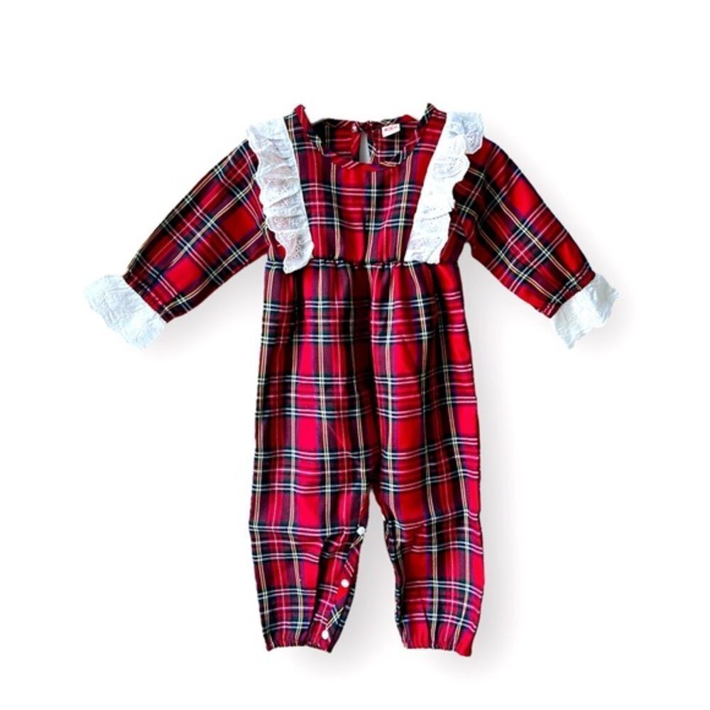 New Boutique Romper Tartan Plaid Eyelet Trim red girls 9-12M 9-12 months